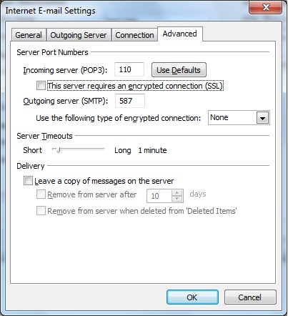 Microsoft Outlook 2007 Server Settings